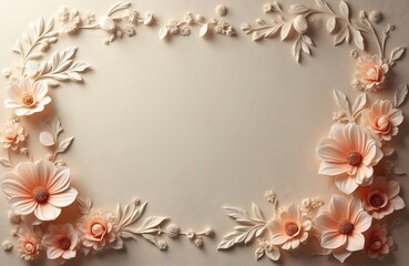 Delicate floral border frame with embossed pastel peach flowers, leaves on textured paper background. Design perfect for wedding invitations, greeting cards, vintage-inspired scrapbooking projects.