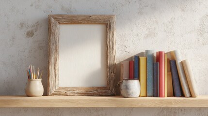 Wooden Frame And Books On Rustic Shelf With Art Supplies. Cozy Home Decor And Creative Workspace