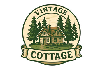 Vintage cottage in the woods logo. Retro cabin in the pine forest for travel and adventure. Hand drawn vector illustration for camping, lodge branding or national park emblem.