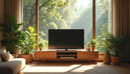 Sunlit living room features modern television set against jungle view through large windows. Serene interior with abundant plants creates peaceful, comfortable ambience, blending nature with