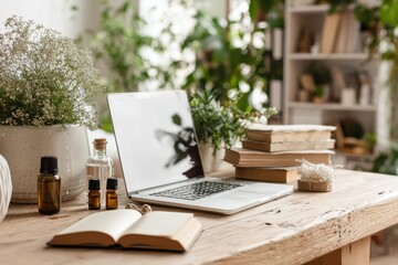 Cozy workspace featuring herbal plants, books, and a laptop creating a serene atmosphere for relaxation and productivity