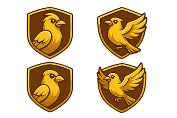 Golden bird logo set on shield. Luxury canary mascot collection for business brand. Vector cartoon emblem icon. Premium gold finch design for security or esports team badge.