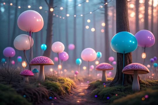 Enchanted forest scene with glowing mushrooms and floating balloons at dusk magical