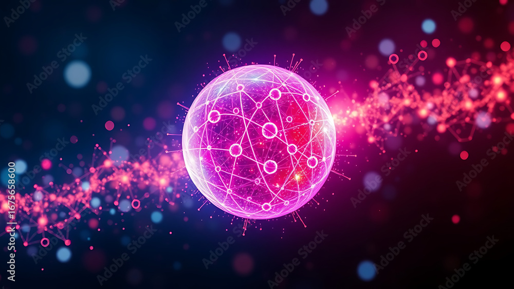Poster colorful neon particle 3d sphere in space science artificial intelligence neural networks and abstra