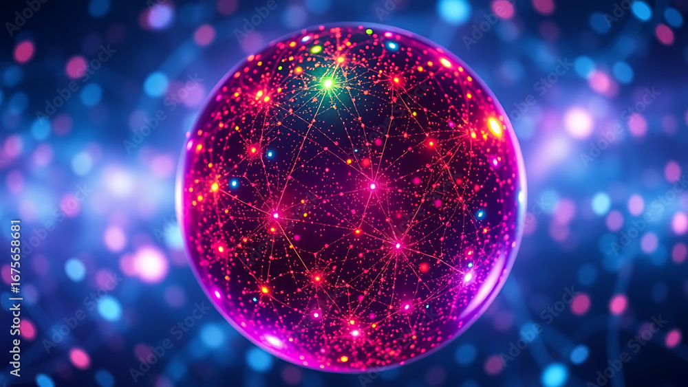 Poster colorful neon particle 3d sphere in space science artificial intelligence neural networks and abstra