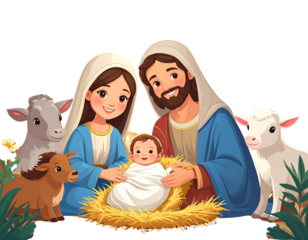Cartoon Nativity Characters with Baby Jesus in Cradle, Playful Style, Transparent PNG