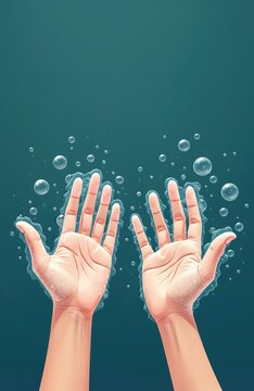 Symbolic illustration of mysophobia with minimalistic hands covered in soap bubbles. Hands appear clean, pure with gentle water flow, bubbles, representing desire for sanitation, germ avoidance.