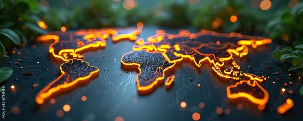 Poster three-dimensional glowing map of earth with illuminated continents connected by digital lines. visua