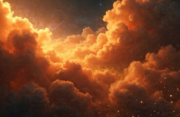 Dramatic orange-brown smoky clouds with golden particles fill sky. Dense, heavy atmosphere suggests powerful chaos cosmic event. Abstract texture background evokes imagination, fantasy, space.