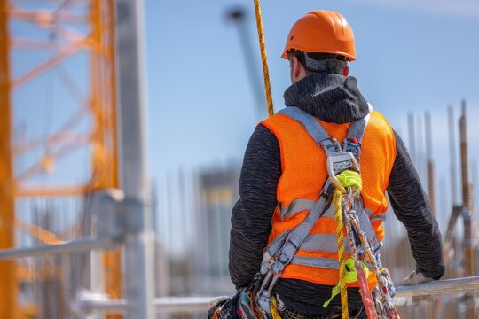 Construction worker at new site wearing safety gear while preparing for operation in a gigapixel standard environment during a clear day in daylight hours