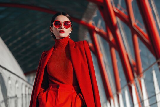 Fashionable woman showcasing a trendy red outfit in a modern urban setting during daylight hours with architecturally striking background