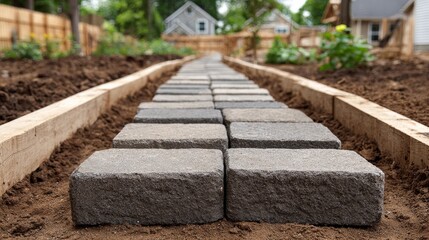 Building a cement block pathway in the backyard construction in progress outdoor setting close-up view for homeowners
