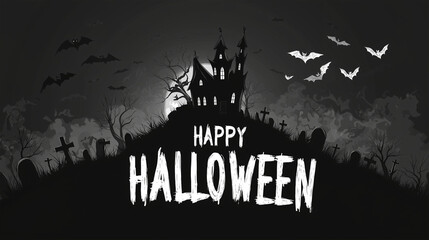 Spooky Halloween Scene: A chillingly evocative image capturing the spirit of Halloween, with a silhouette of a haunted house on a hilltop, surrounded by tombstones, bats, and a chilling message.