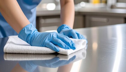 Person wearing blue gloves cleans a stainless steel surface with a white cloth. Concept for hygiene, cleanliness and sanitation in food service or healthcare or industrial.