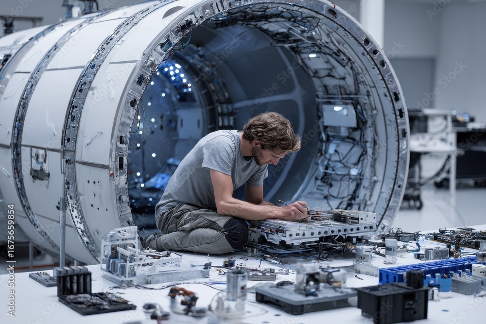 Aufkleber aerospace technician assembles and tests advanced gigapixel standard while surrounded by intricate c