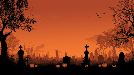 Halloween Graveyard Silhouette: A spooky graveyard silhouette against a warm orange sunset sky. A perfect image for creating a sense of eerie.