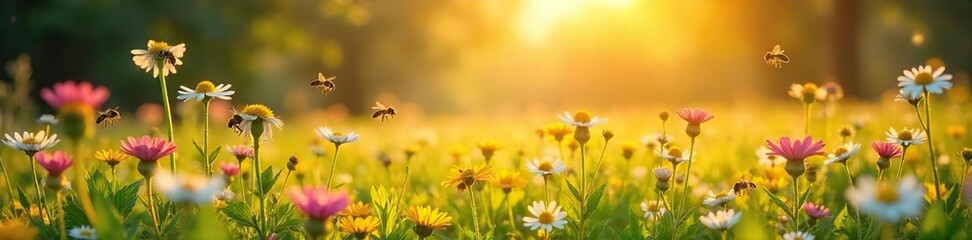 Fototapeta premium A vibrant summer meadow bursting with wildflowers, buzzing with bees, bathed in golden sunlight Perfect for nature, spring, summer, and environmental themes , golden hour, grass