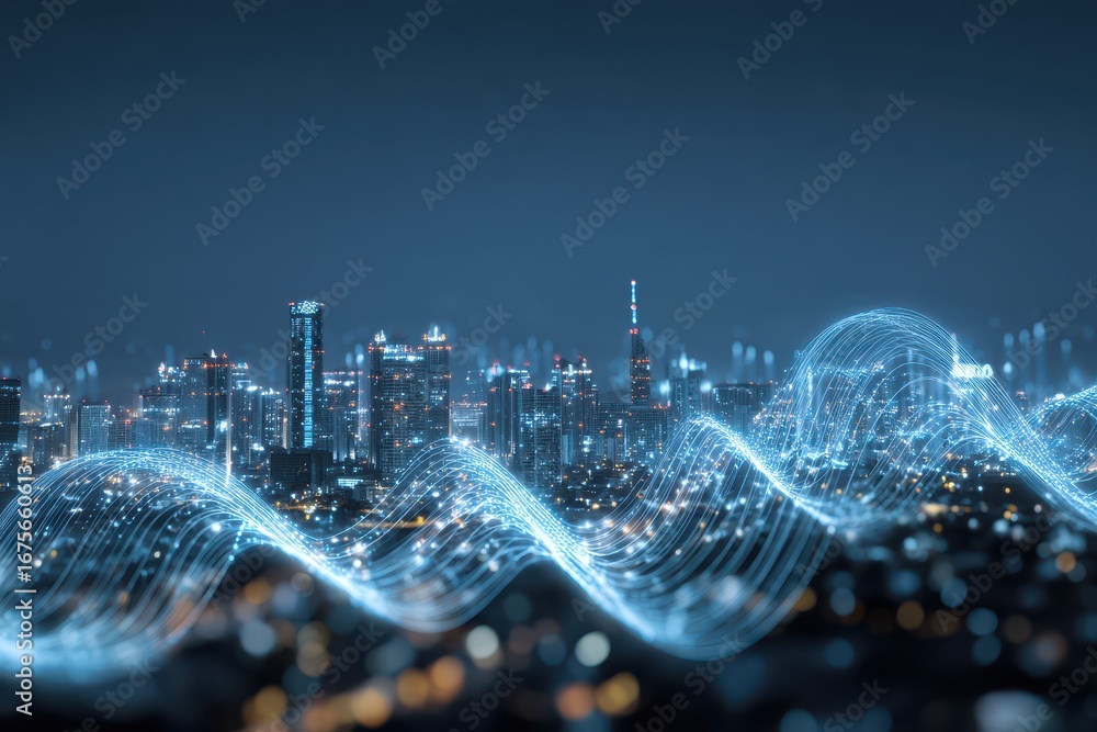 Poster smart city skyline illuminated at night showcasing big data connection technologies with vibrant dig