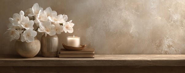 Flowers and Candle on Wooden Shelf