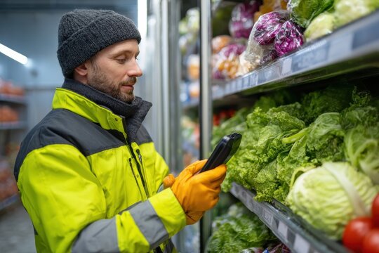 Cold chain technician checks produce inventory in refrigerated storage area during work hours