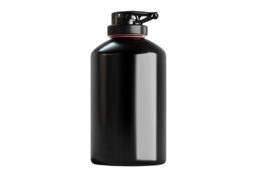 Detailed view of a black aerosol can with a spray nozzle against a transparent background showcasing its design and functionality