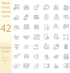 Work from home icon set containing remote working, remote monitoring, freelance, hybrid work, planning, coffee, tablet, video conferencing, digital nomad, office, work at home and more. Editable line 