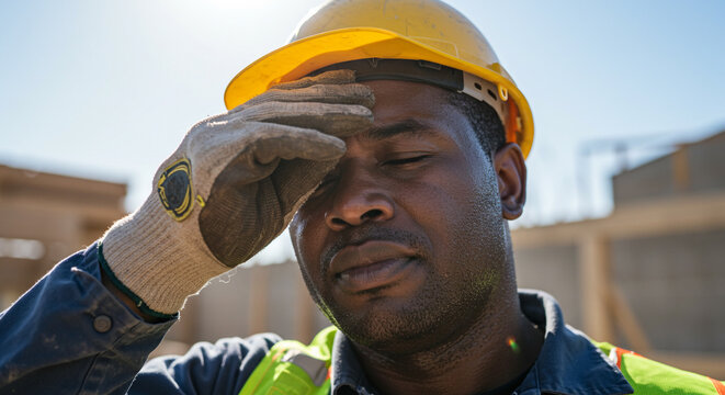 A construction worker in a yellow hard hat wipes sweat from his brow on a sunny day.