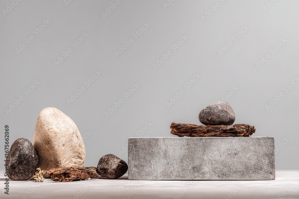 Poster natural elements arranged on a stone podium showcasing rocks and snags against a grey background in 
