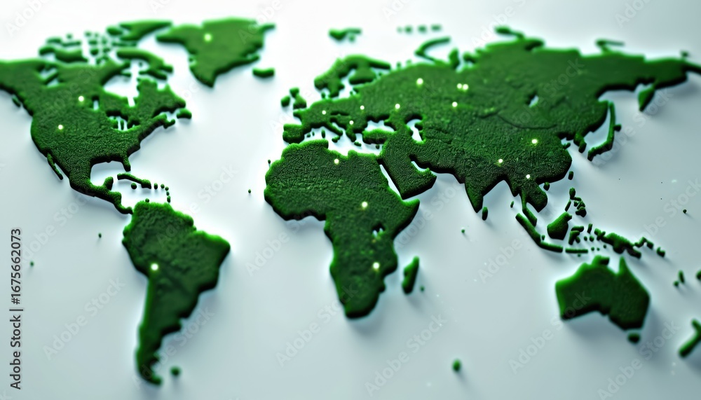 Poster 3d world map illustration shows global network connections. green continents with illuminated nodes 