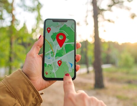 Smartphone displaying map app outdoors