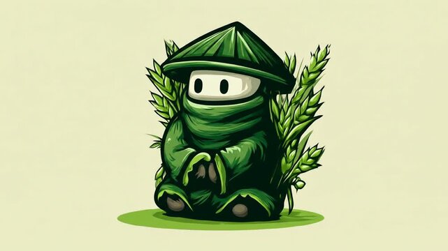 Seated cartoon figure green plants