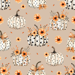 Watercolor Pumpkins with  Flowers and leaves seamless pattern