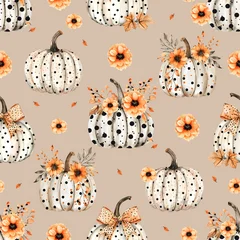 Gardinen Küche Muster  Watercolor Pumpkins with  Flowers and leaves seamless pattern  © nataka