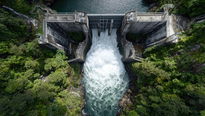 Aerial view of a dam releasing water. Powerful, rushing water flows from a concrete dam structure into a river valley, surrounded by lush green forest and a calm lake