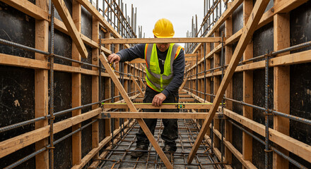 Construction worker in a yellow hard hat and high-visibility vest working on wooden formwork and rebar at a building site.