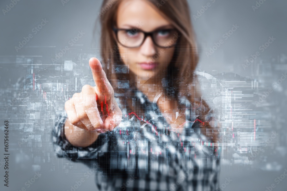 Aufkleber dynamic blend of technology and creativity showcasing a stylish woman interacting with a digital dis