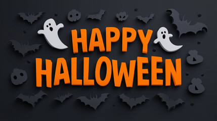 Obraz premium Happy Halloween design : A festive Halloween graphic, featuring the phrase Happy Halloween amidst a spooky assortment of bats, ghosts, and pumpkins. perfect for conveying holiday spirit. 