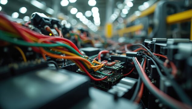 Automotive manufacturing process features closeup of vehicle wiring harness, control panel assembly. Complex electronic components, circuits, electrical systems integrated in industrial factory