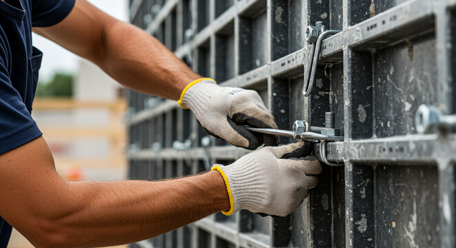 Construction worker assembling metal formwork for concrete wall.