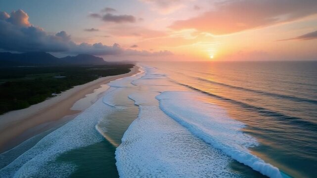 Tamarin Bay With Waves And Beach At Sunset, Mauritius, Aerial View