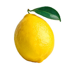 A single ripe yellow lemon with a fresh green leaf attached isolated on transparent background