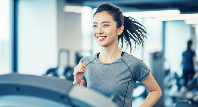 スポーツジムでランニングをする女性