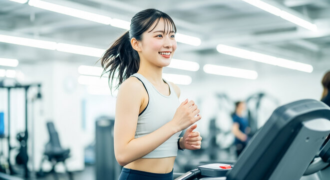 スポーツジムでランニングをする女性