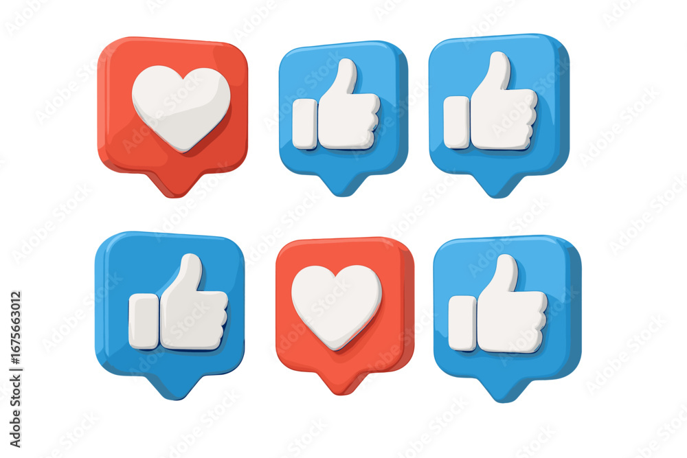 Poster social media 3d icon set with like and love symbols. thumb up and heart notifications for web and ap