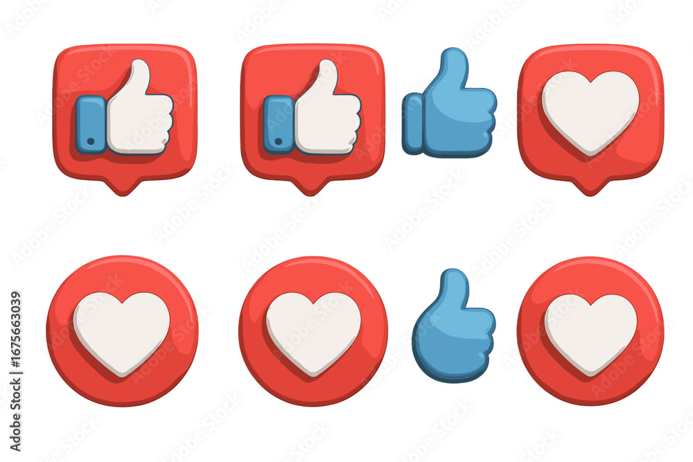 Poster 3d social media icons set. volumetric like and love buttons with heart and thumb up symbols. notific