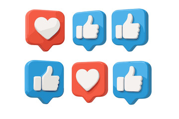 Social media 3D icon set with like and love symbols. Thumb up and heart notifications for web and app interface. Modern vector render for communication and feedback reactions.