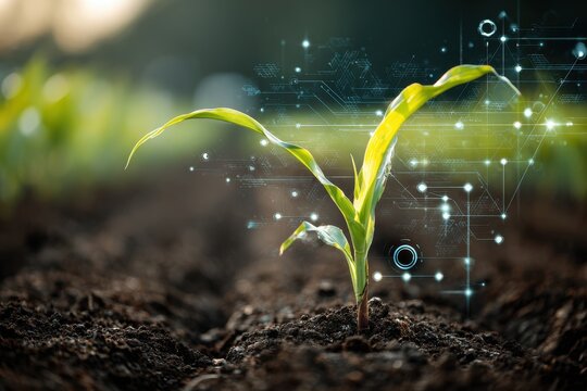 Maize seedling grows in cultivated soil with advanced agricultural technology enhancements promoting growth during the early morning hours of the planting season