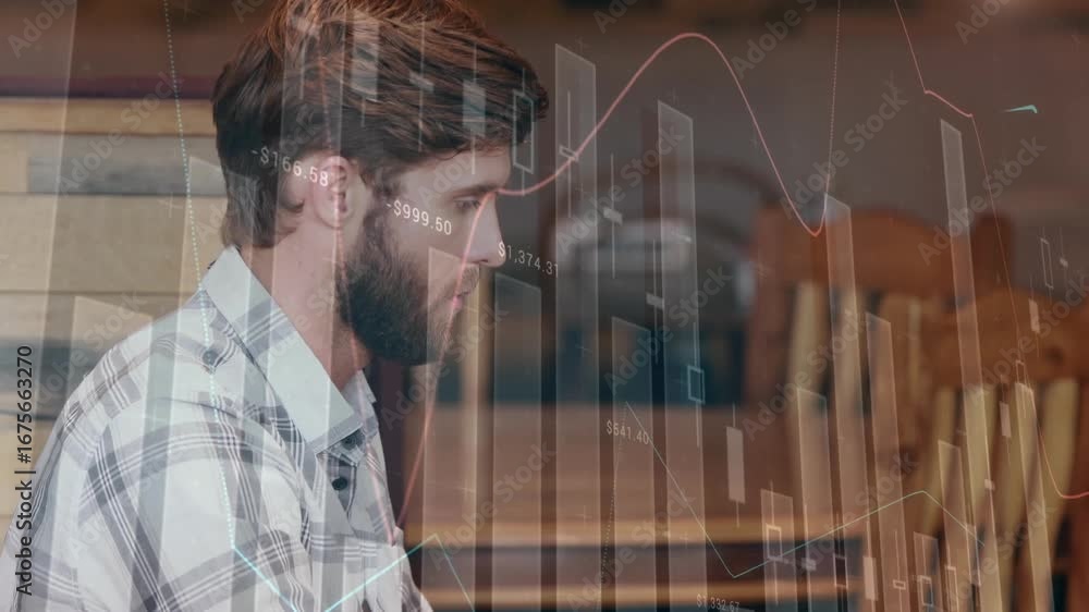 Poster animation of multiple graphs with numbers over caucasian man working over laptop at cafes