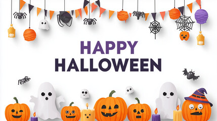 Spooky Halloween Greeting: A festive Halloween-themed banner adorned with pumpkins, ghosts, and other classic symbols. conveying a sense of fun, mystery, and anticipation of the holiday.