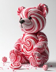 Candy bear Figurine with Red and White Peppermint Swirls on White Background